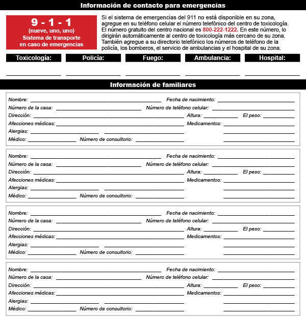 Información de contacto para emergencias para los miembros de la familia.